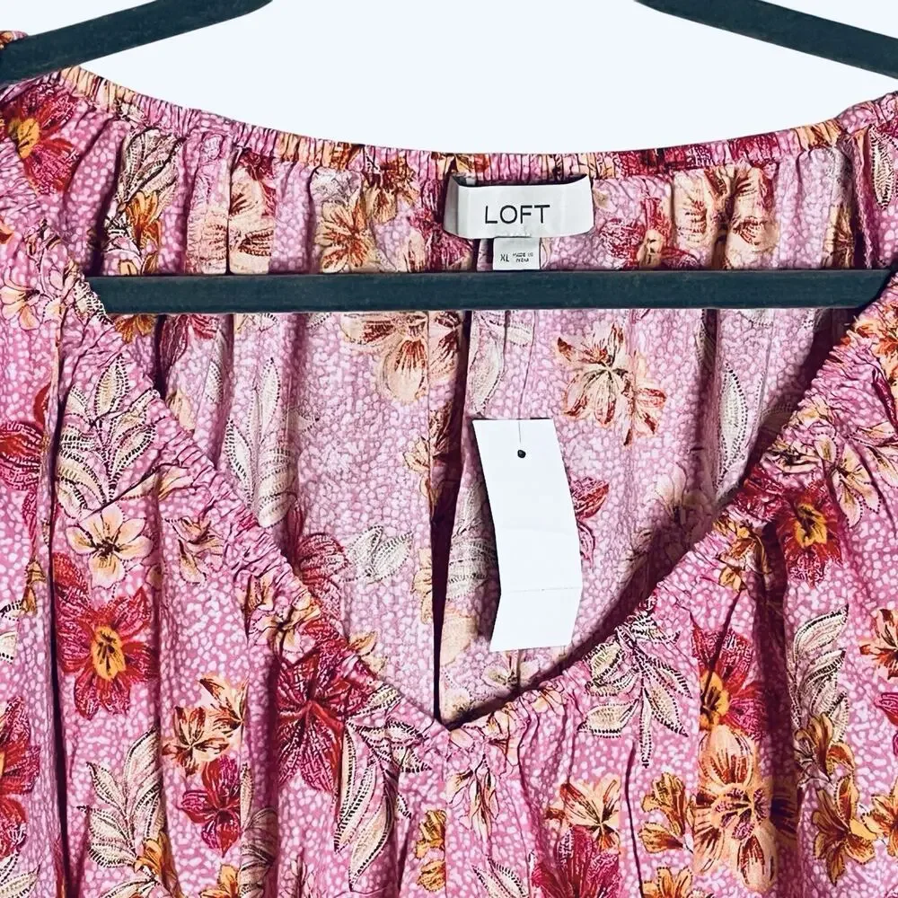 NWT LOFT Lily Blouse Top XL Gathered Waist Puff Sleeve Pink Floral Romantic $70